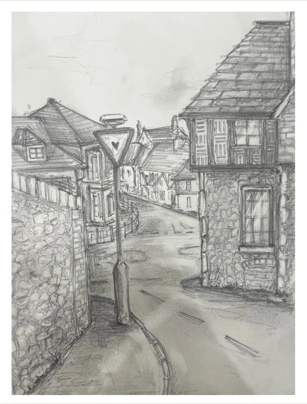 Pencil drawing of a village street at Jesmond Dene - building rhythm and scale studies.