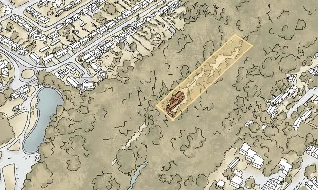 Illustrated plan of Jesmond Dene - the route through woodland to the Craft Cabin site.