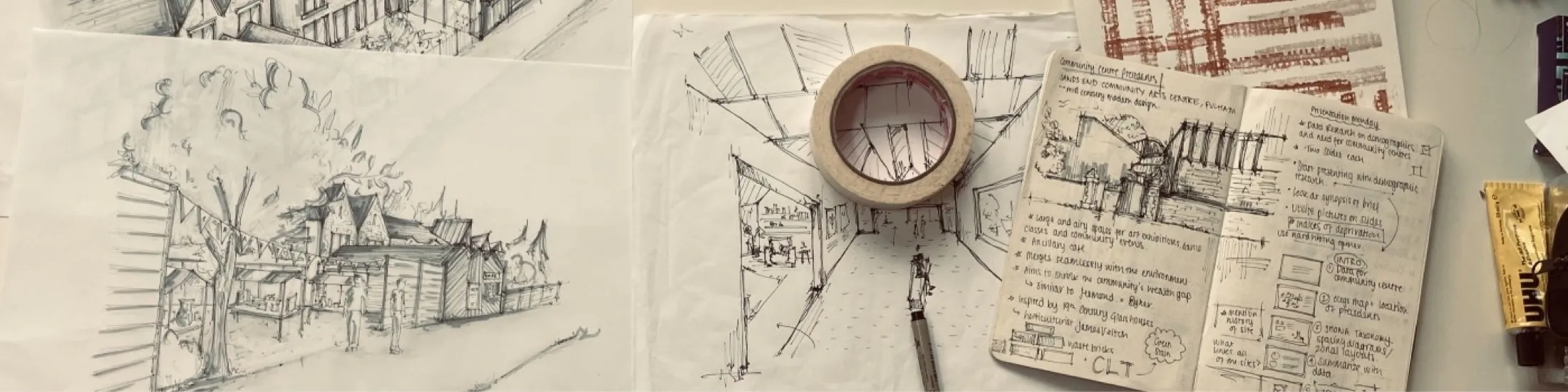 Open sketchbook pages showing rapid roof geometry studies for the Craft Cabin.
