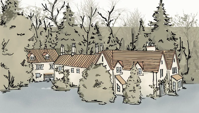 Watercolour-style drawing of the village at Jesmond Dene, pitched roofs beyond trees.