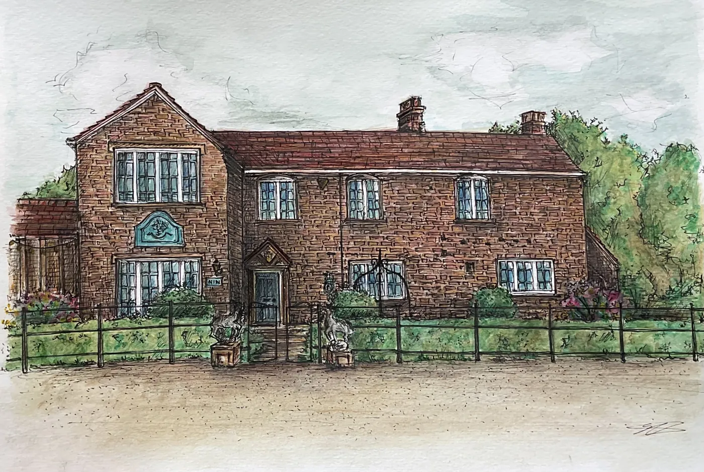 Watercolour portrait of a brick manor house with gabled bays.