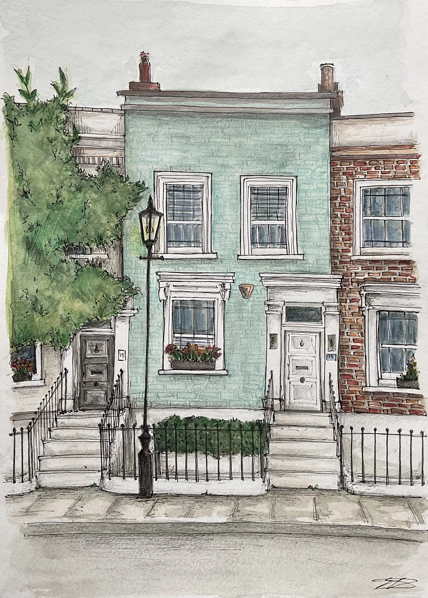 Watercolour and ink portrait of a mint-blue London townhouse.