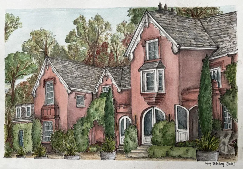 Watercolour portrait of a red-brick house with tiled roof and dormers.
