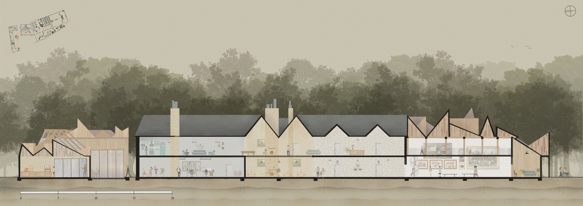 Craft Cabin long section and front elevation technical drawing