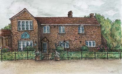 Watercolour painting of a brick house with garden foreground