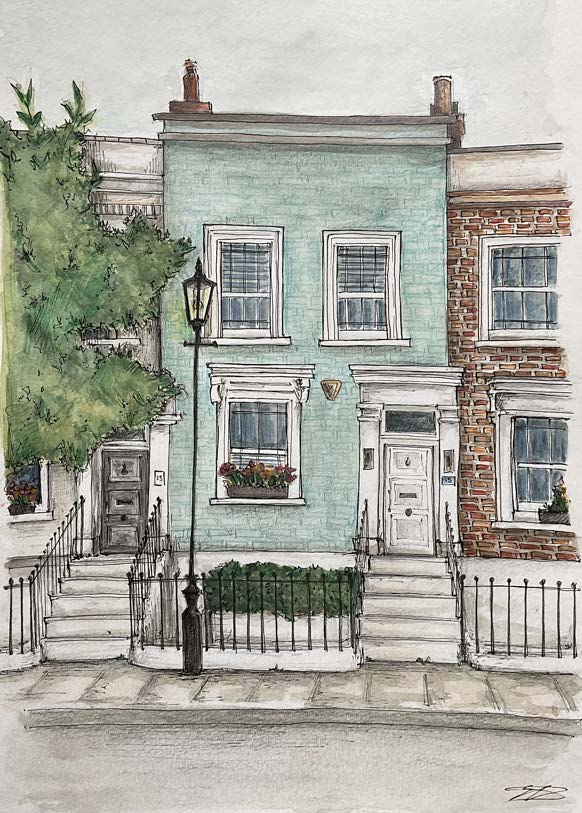 Watercolour commission showing a terraced house with pale green facade