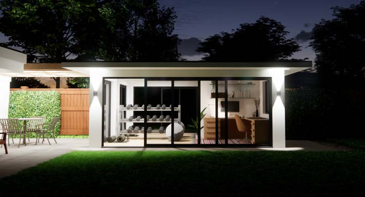 Night render of bespoke garden gym and office with lit interior