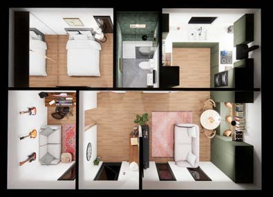 Bathroom visualization for liveable outhouse with green tile finish