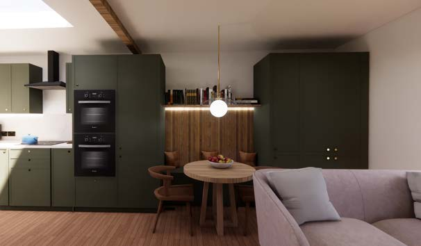 Interior visualization of bespoke kitchen and living area for liveable outhouse