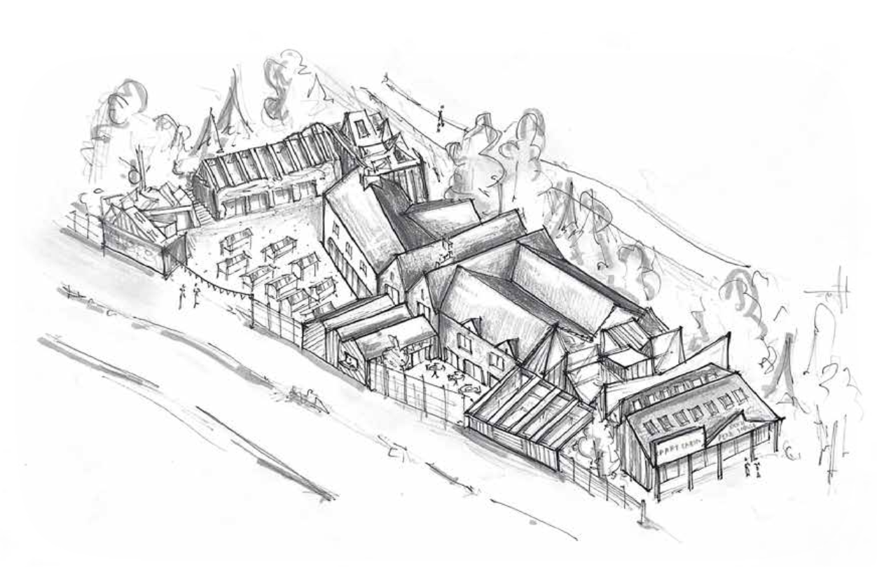 Pencil axonometric of a small complex with pitched roofs, workshops and a central yard with benches and bunting.