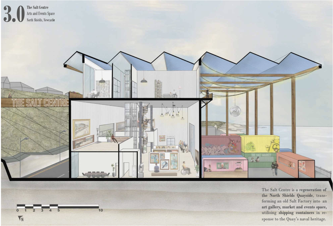Coloured long section of The Salt Centre showing galleries, studios and an outdoor container market under a sawtooth roof by the quayside.