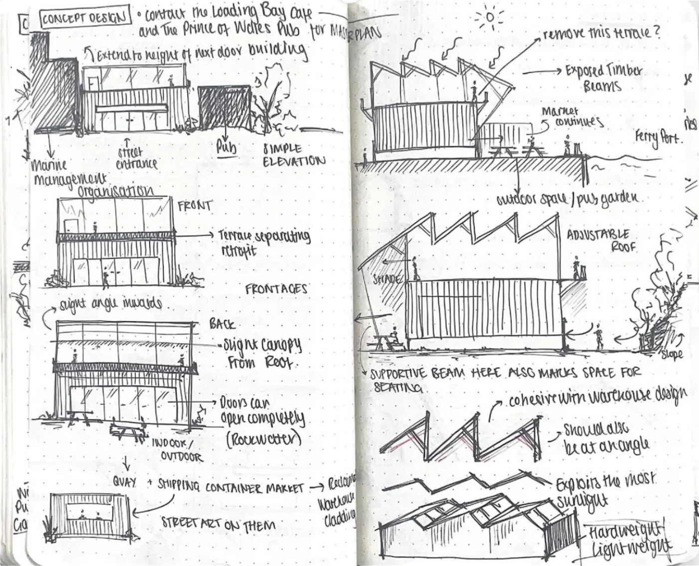 Sketchbook concept-design spread for the Salt Centre - frontage studies, sawtooth roof options, shipping container market and annotations about the Marine Management Organisation and the Prince of Wales pub.