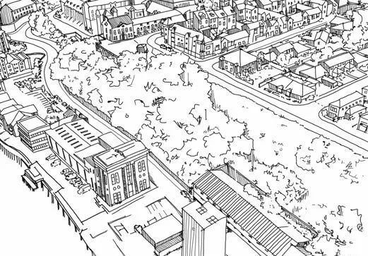Line drawing study of the existing North Shields quayside - streets, rooflines, river edge.