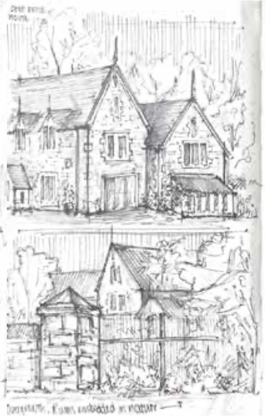 Sketchbook page with two pencil views of gabled houses among trees, showing porches, dormers and garden walls.