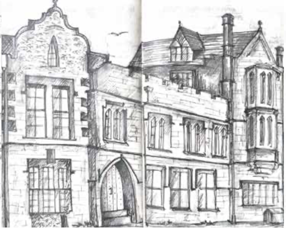 Pencil drawing of a historic stone façade with arched doorway, tall mullioned windows and a bay turret.