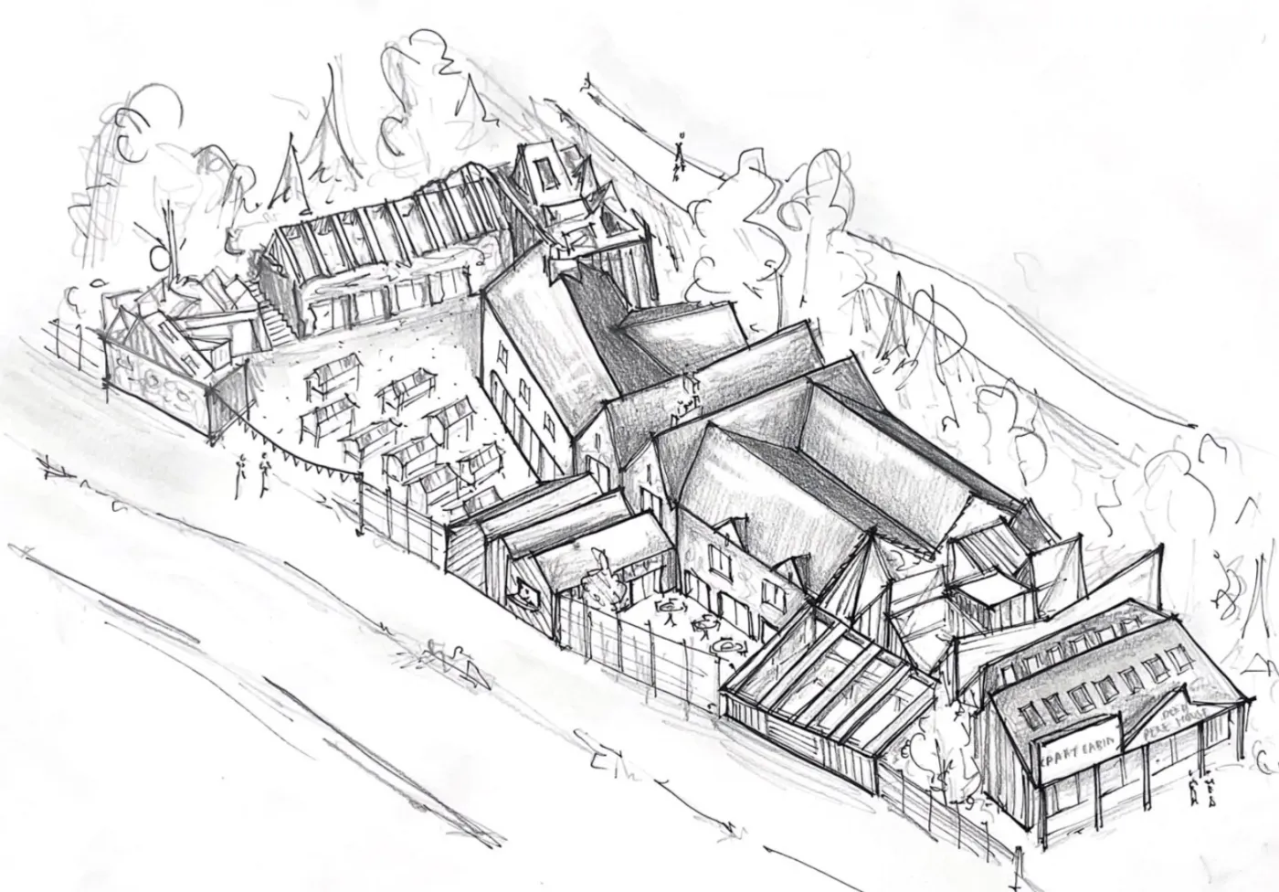 Pencil aerial view of a village showing layered pitched roofs.