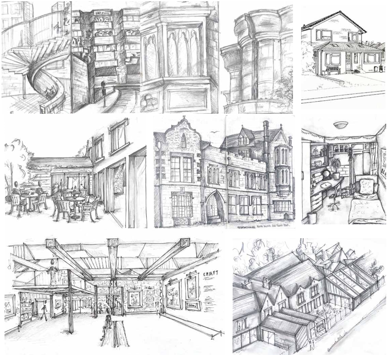 Collage of pencil sketches showing spiral stair, street scenes, stone window details, interiors, a market hall and pitched roofs.