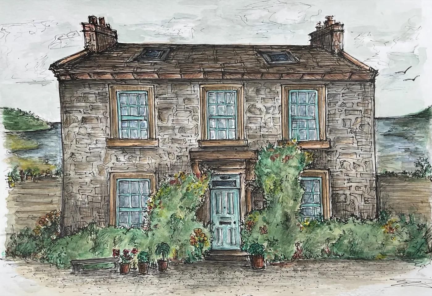 Watercolour of a stone cottage with slate roof and climbing plants.