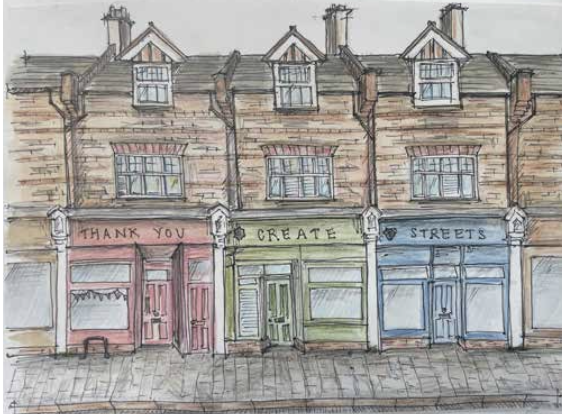Watercolour of a row of traditional townhouses with shopfronts and hand-lettered signs.