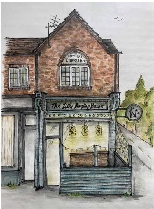 Watercolour of a small brick restaurant with hanging lanterns and a painted shop sign.