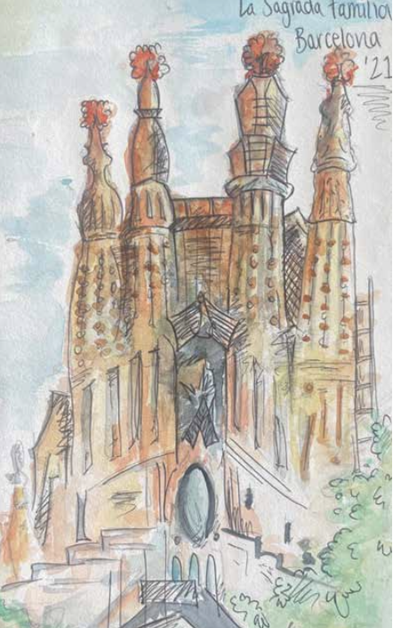 Watercolour sketch of La Sagrada Familia in Barcelona
